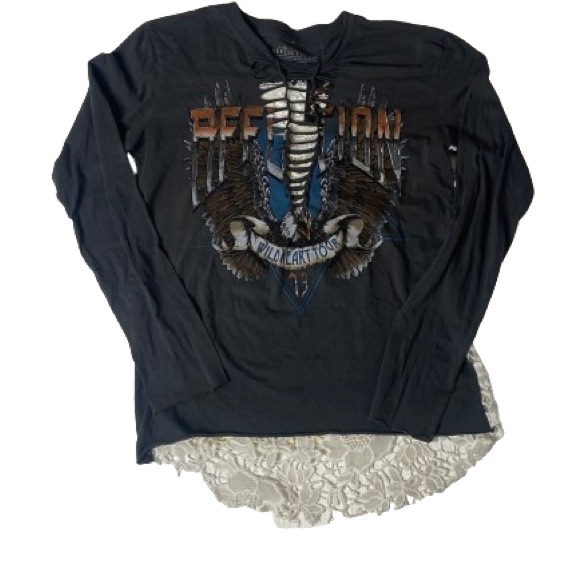 Affliction Long Sleeve Low Cut Sheer Lace Back Tee Shirt - Picture 1 of 6